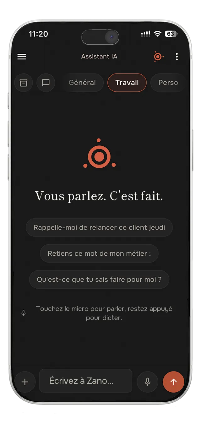 L’application Zano sur un téléphone : écran d’accueil « Vous parlez. C’est fait. » et suggestions de demandes